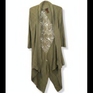 Multiples Women’s XL Olive Ribbed Midi Cardigan Crochet Back Shawl Collar EUC